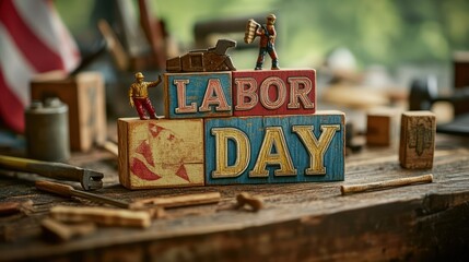 Wooden blocks spelling "Labor Day" with miniature figures on a workbench.