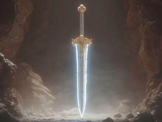 Mystical Sword Floating in Enchanted Cave