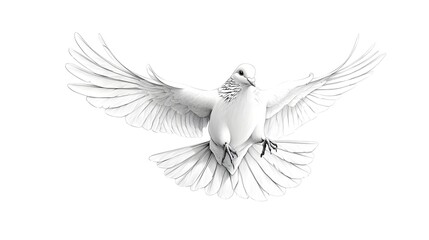 A stunning black and white sketch of a dove in flight featuring finely detailed wings and body in an engraving inspired graphic style  This minimalist