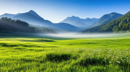Obraz premium Lush green meadow with misty mountains in the background under a clear blue sky, AI