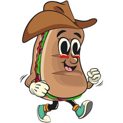 Sub Sandwich cartoon mascot illustration character vector wearing a cowboy hat walking calmly, work of hand drawn