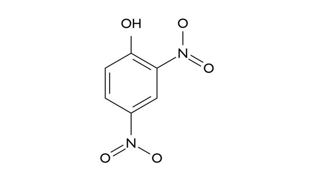 2.4-dinitrophenol molecule, structural chemical formula, ball-and-stick model, isolated image pesticide