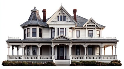 Fototapeta premium traditional Victorian-style house with intricate architectural details and a wraparound porch, isolated on a white background.