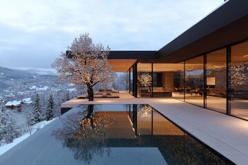 Contemporary modern home with an illuminated tree beside a serene pool, reflecting the cozy atmosphere while overlooking a picturesque snowy mountain landscape.