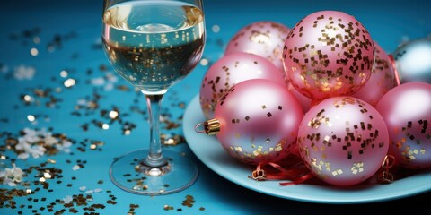 Obraz premium A glass of sparkling wine and pink ornaments with gold confetti on a blue background