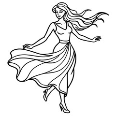 Graceful outline illustration of a woman in a flowing skirt with long hair