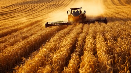 Obraz premium A tractor is driving through a field of wheat
