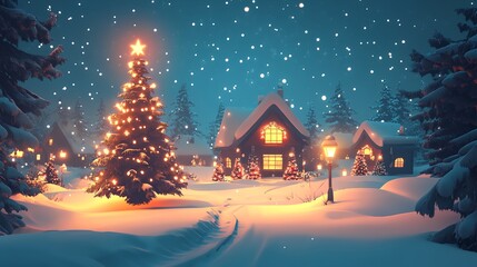 Fototapeta premium a Christmas tree is lit up in a snowy landscape