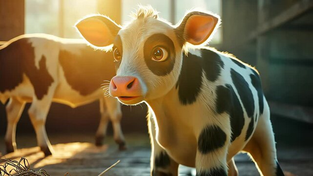 young black and white calf. Newborn baby cow. Created with generative AI.