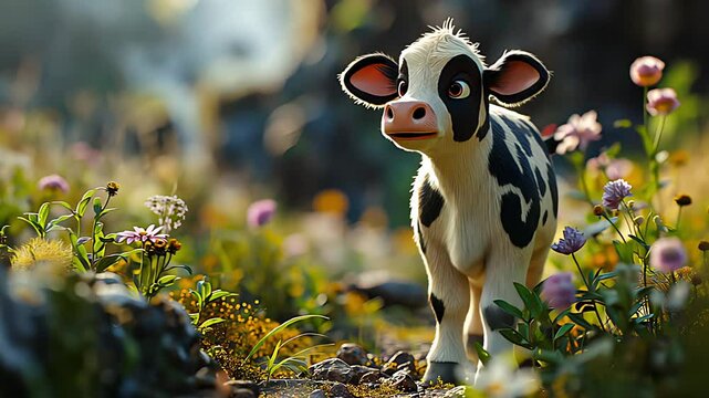 young black and white calf. Newborn baby cow. Created with generative AI.