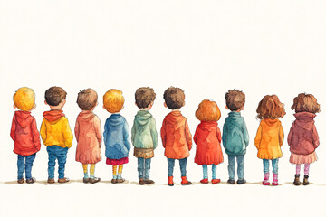 Fototapeta premium A charming watercolor illustration of children in colorful coats standing in a row with their backs facing, creating a warm, nostalgic feeling 