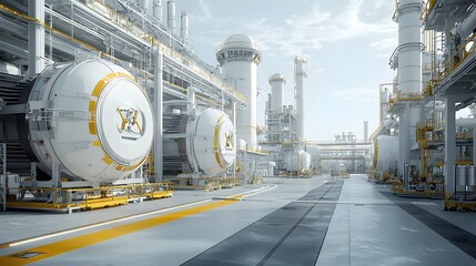 Obraz premium Futuristic fuel refinery plant featuring a maze of polished pipelines modern industrial design and cutting edge technology showcasing efficiency and advanced fuel processing capabilities