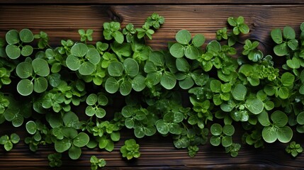 A lush carpet of vibrant green foliage, kissed by morning dew, sprawls across a weathered wooden surface, creating a captivating contrast of nature's beauty and rustic charm.
