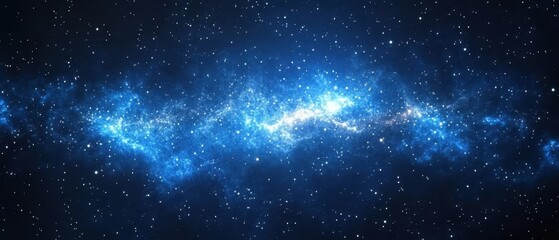 Fototapeta premium Vast galaxy with bright stars, cosmic dust, and swirling nebulae, creating a mesmerizing view of the universe in deep blue tones. Ideal for space and astronomy themes.
