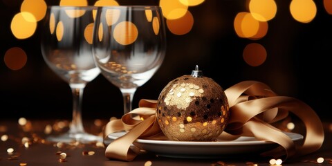 Fototapeta premium A festive table setting with golden baubles, shimmering ribbon, and two crystal wine glasses, illuminated by soft, warm candlelight.