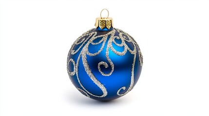 Mesmerizing blue Christmas bauble isolated on white backdrop, perfect for festive designs, holiday greetings, and seasonal decorations. 