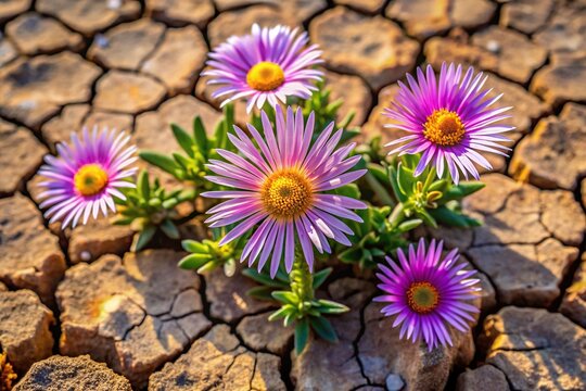 Resilient Spanish aizoon succulent with flowers blooming through cracked soil