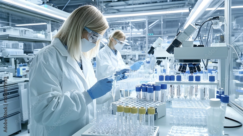 Aufkleber Biofuel Research Scientist Examining Samples and Utilizing Cutting Edge Processing Technology to Conduct Experiments in a Clean Well Equipped Modern Laboratory Setting
