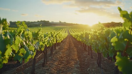 Obraz premium Vibrant vineyard landscape at sunset, showcasing rows of green grapevines stretching towards the horizon under a beautiful sky.