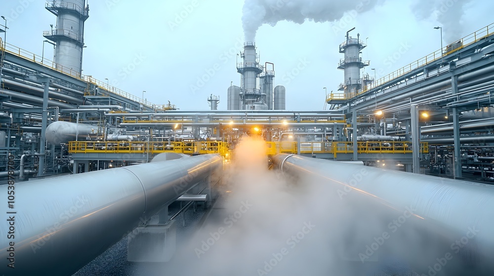 Poster detailed view of a dynamic fuel processing system in a sleek industrial refinery with pipes and stea