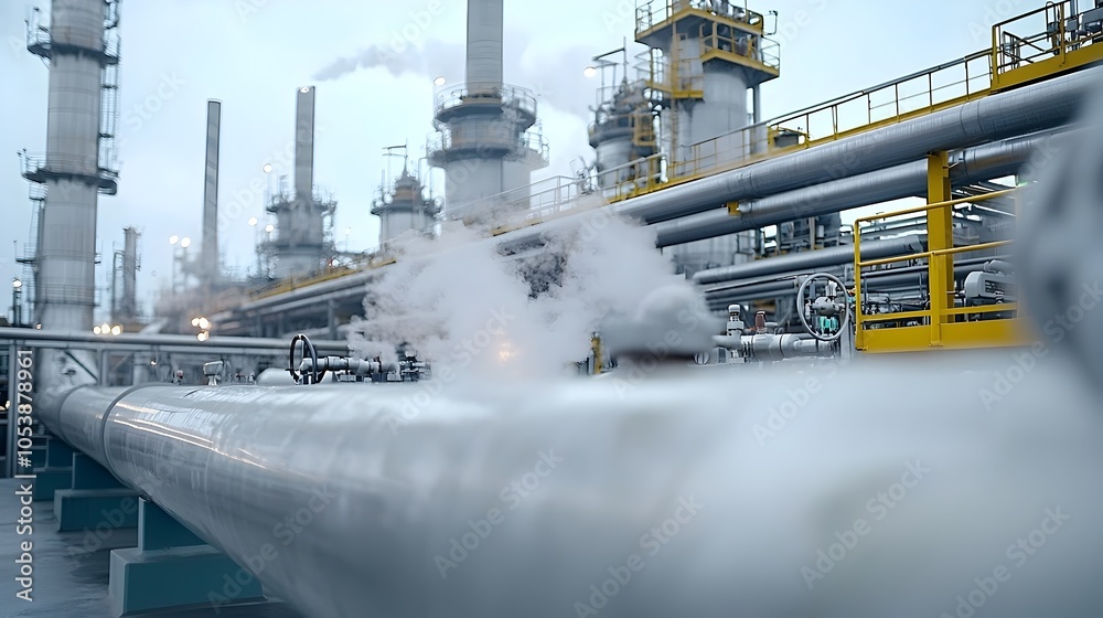 Poster close up view of complex fuel refinery pipes with steam escaping from the joints highlighting the po