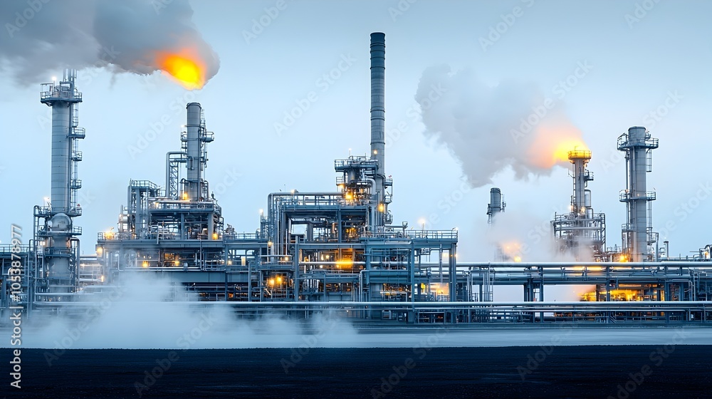 Poster close up view of steam rising from refinery pipes during active fuel processing capturing the intric