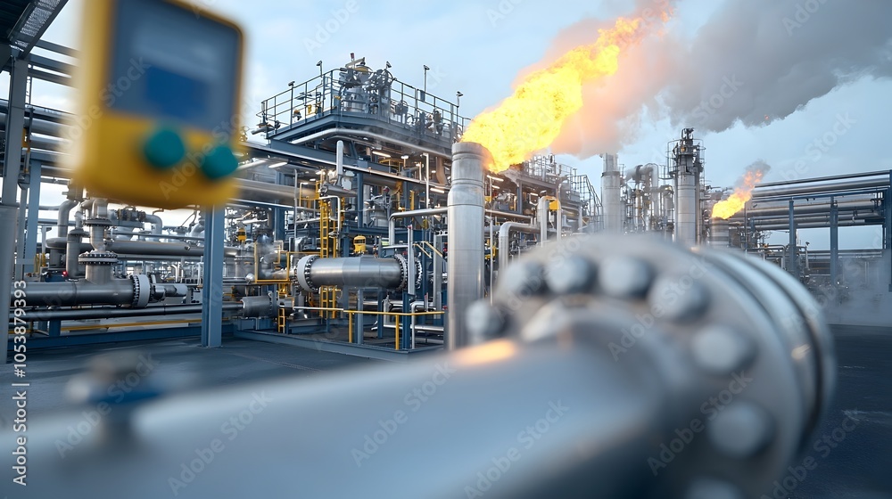 Poster captivating close up view of steam enveloped refinery pipes highlighting the heat and complexity of 