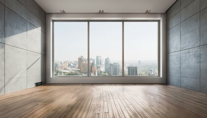 Fototapeta premium Bright interior with empty mock up place on concrete wall , wooden flooring, panoramic windows, city view and daylight. 3D Rendering.
