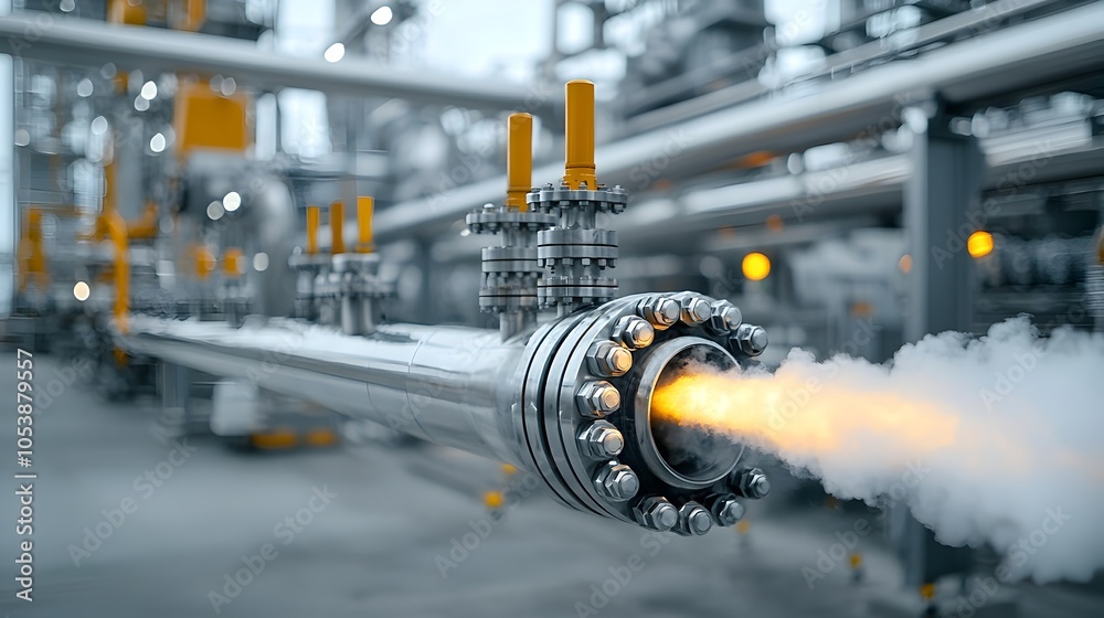Aufkleber close up view of sleek metallic refinery pipes pouring out billowing streams of steam showcasing the