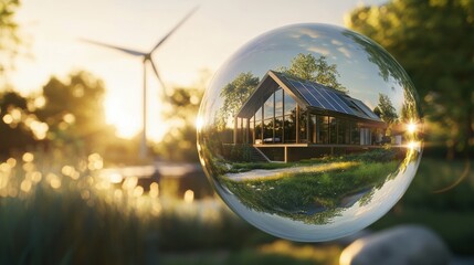 Sustainable eco-home with solar panels and windmill, showcasing renewable energy solutions and modern green living in a serene setting.