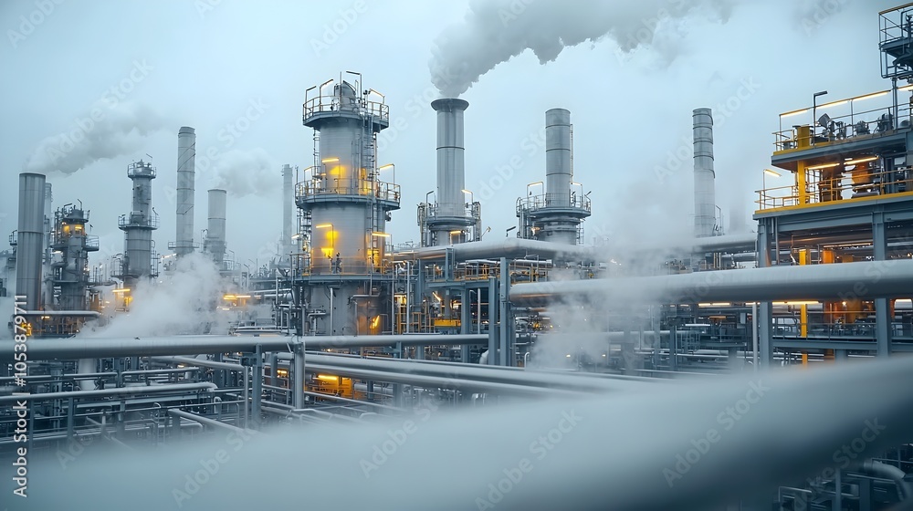 Aufkleber Detailed close up of interconnected refinery pipes with steam rising representing the intensity and complexity of fuel processing in real time