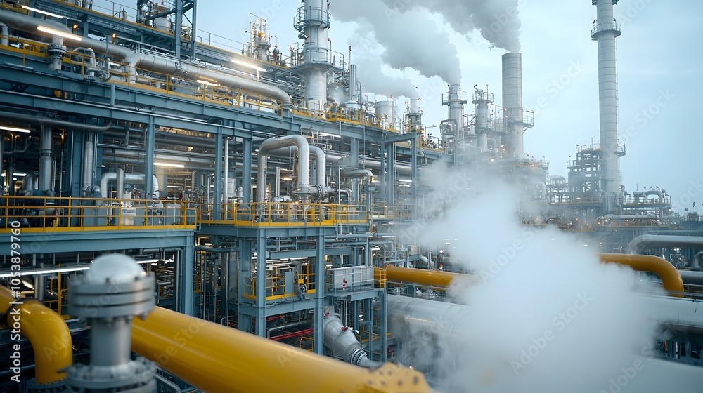 Poster Detailed close up view of interconnected refinery pipes with steam rising representing the intense complexity and automation involved in fuel processing and energy production in real time