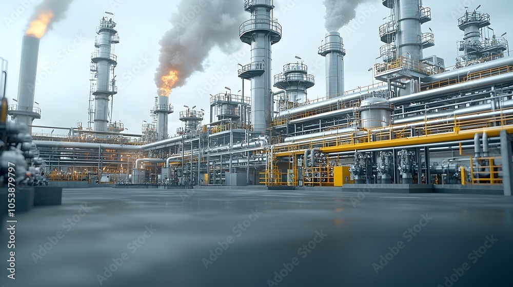 Poster detailed close up of interconnected refinery pipes with steam rising representing the intensity and 