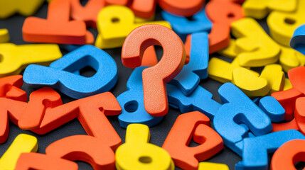 Fototapeta premium Colorful Question Mark Surrounded by Letters, alphabet, blue, red, yellow, learning