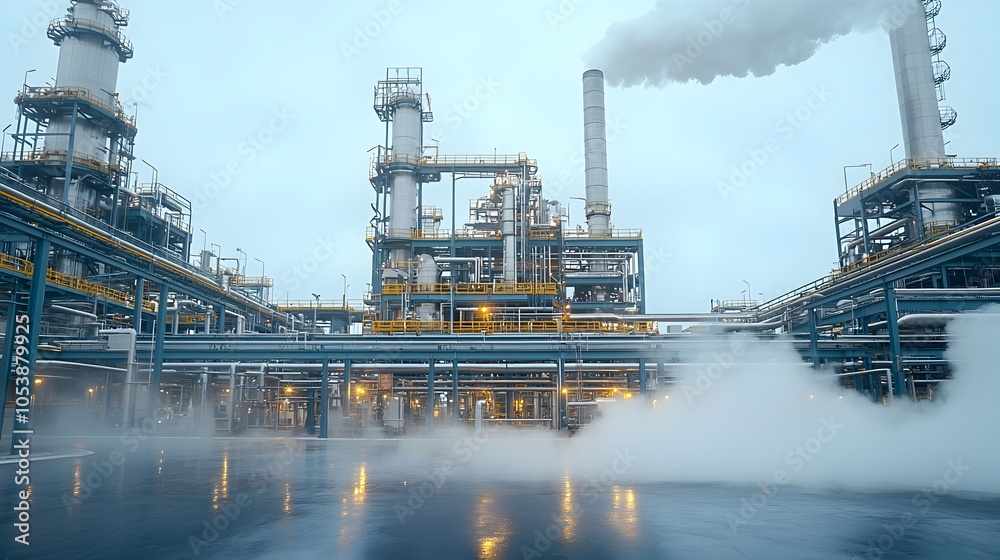 Poster intense close up of refinery pipes with powerful steam rising highlighting the intricate and precise