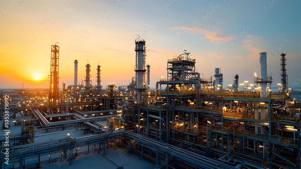 Aufkleber sunset casting warm hues over a vast oil refinery with glowing lights and intricate industrial archi