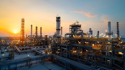Fototapeta premium Sunset casting warm hues over a vast oil refinery with glowing lights and intricate industrial architecture highlighting the scale and complexity of the industrial facility