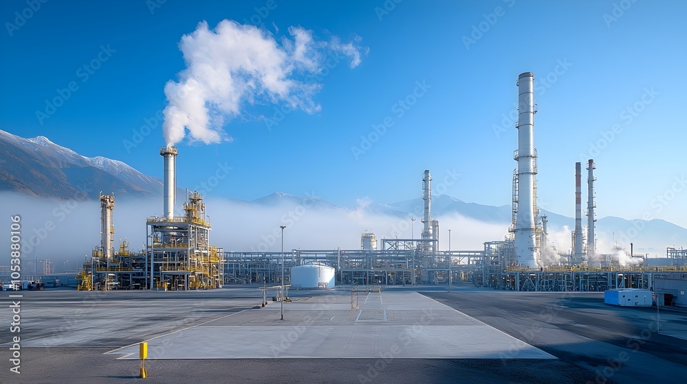 Poster Aerial View of Massive Glowing Oil Refinery Complex with Metallic Structures Illuminated by Lights Reflecting off Surfaces at Dramatic Sunset Skyline