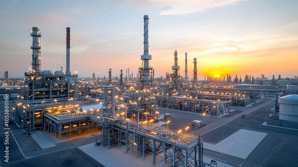 Aufkleber captivating sunset colors cast a warm glow over a sprawling oil refinery with its complex network of