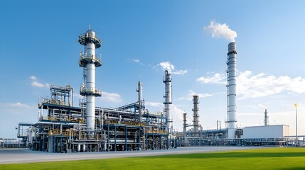Fototapeta premium Aerial View of Expansive Oil Refinery Complex with Metallic Structures Glowing under Vivid Sunset Sky at Dusk