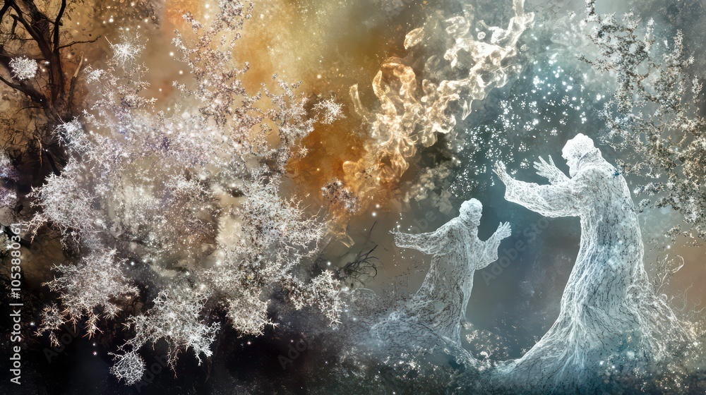 Poster Ethereal figures interact amidst a shimmering, mystical landscape filled with abstract elements.