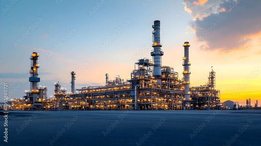 Aufkleber breathtaking view of an oil refinery complex at sunset with glowing lights and silhouetted structure