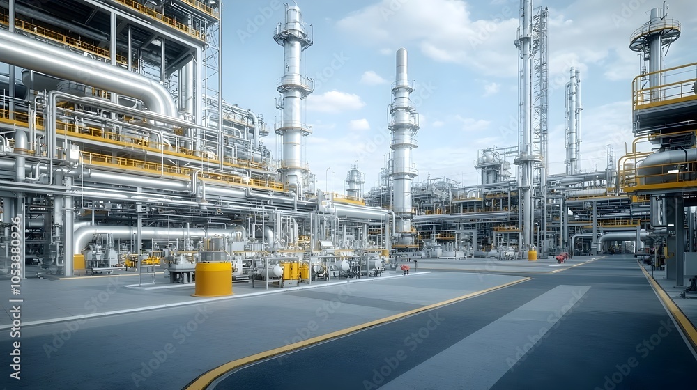 Aufkleber aerial view of a modern fuel refinery featuring a maze of complex pipelines and futuristic industria