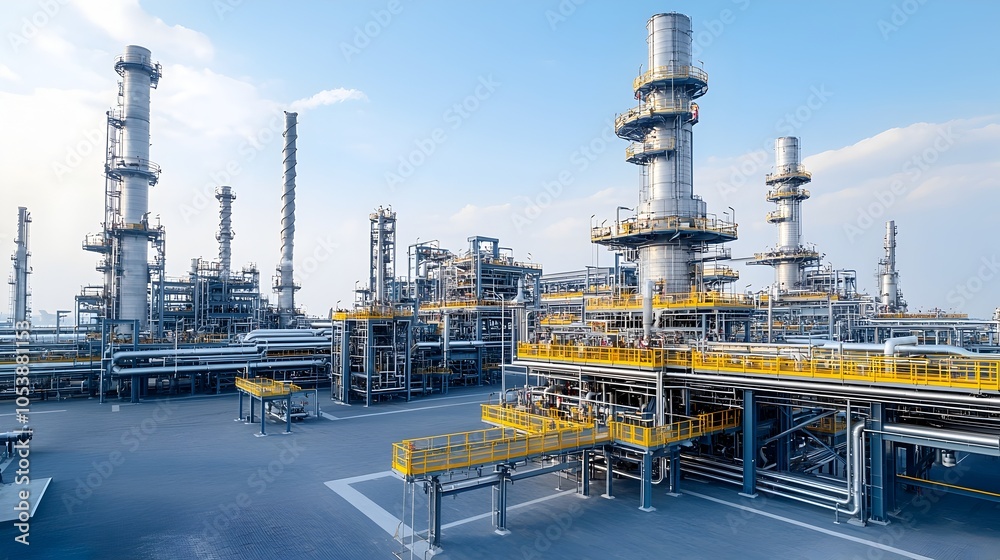 Poster Cutting Edge Fuel Refinery with Intricate Pipeline Network and Advanced Processing Technology Showcasing Innovation in Industrial Design and Sustainable Energy Production