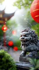 Fototapeta premium Mystical chinese lion statue enveloped in fog with glowing red lanterns in a serene garden setting