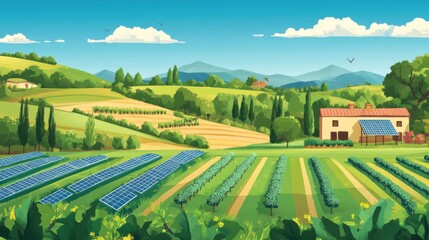 Solar panels on a rural farm amidst lush fields and rolling hills, showcasing sustainable agriculture and renewable energy integration.