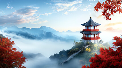 Obraz premium Majestic chinese pagoda rising above misty mountains at sunrise a serene landscape of nature's beauty