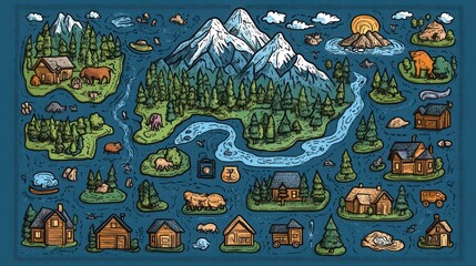 Obraz premium Hand-Drawn Illustration of a Mountain Landscape with Cabins and Animals