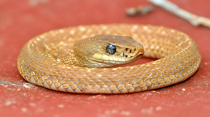 Fototapeta premium Close-up of a Coiled Snake with Blue Eyes, serpent, reptile, wild animal, wildlife, nature
