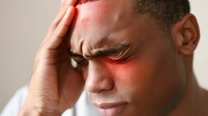 Fototapeta premium Close-up of a person holding their head in pain, with red highlighted areas symbolizing a headache or severe migraine discomfort